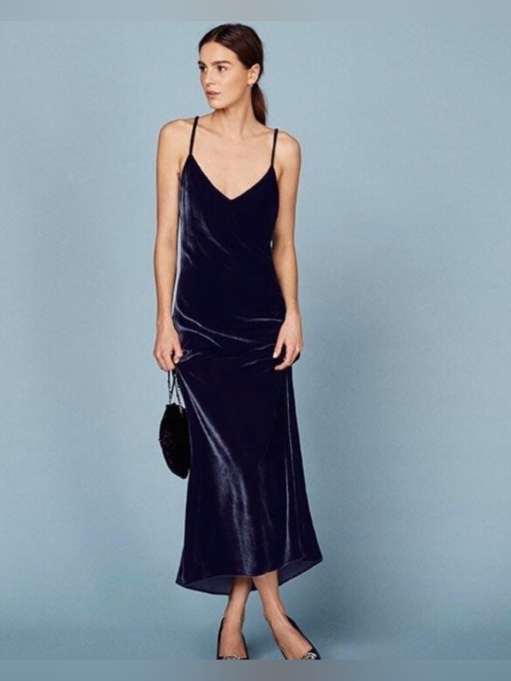 Reformation XL Navy Velvet Silk Blend Slip Maxi Dress Made in USA